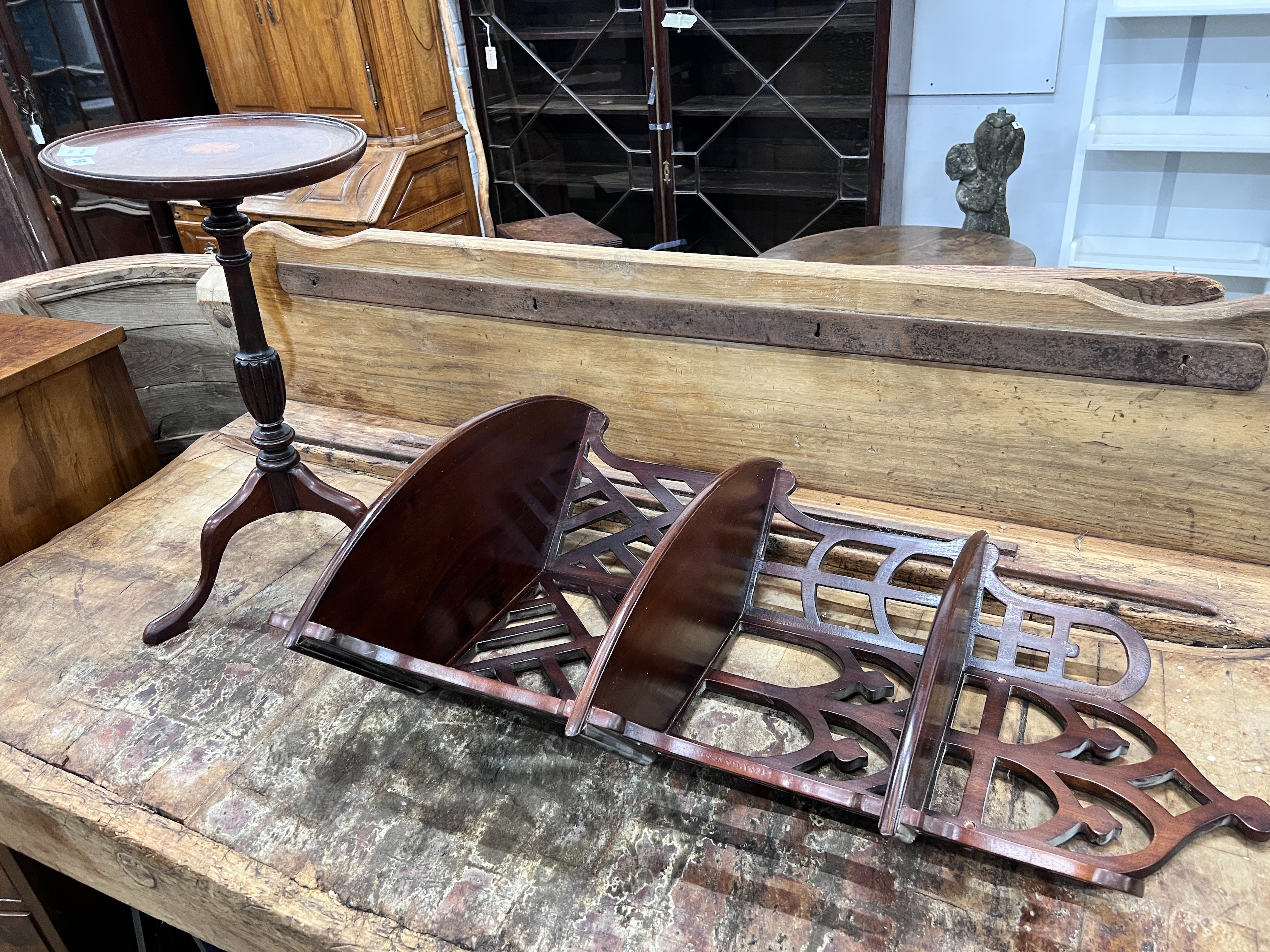 An Edwardian fret cut corner wall bracket, width 54cm, height 92cm together with an Edwardian style mahogany tripod wine table *Please note the sale commences at 9am.